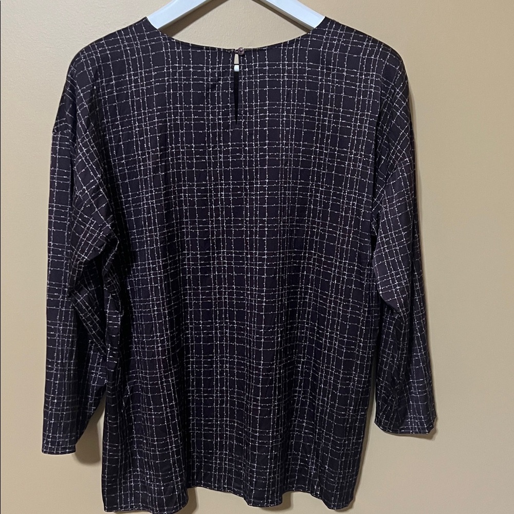Eileen Fisher Purple and White Grid Pattern Long Sleeve Silk Top. Large - Picture 3 of 7